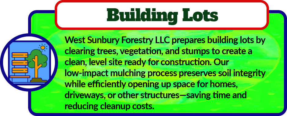 West Sunbury Forestry Mulching prepares building lots by clearing trees, vegetation, and stumps to create a clean, level site ready for construction. Our low-impact mulching process preserves soil integrity while efficiently opening up space for homes, driveways, or other structures—saving time and reducing cleanup costs.